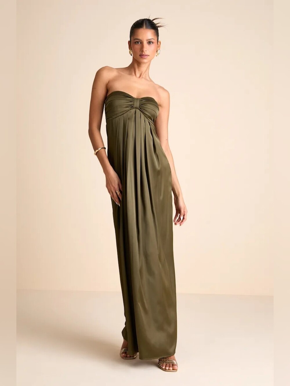 Lulus Memorable Entrance Olive Green Strapless Satin Maxi Dress XL Wedding Party - Picture 2 of 9